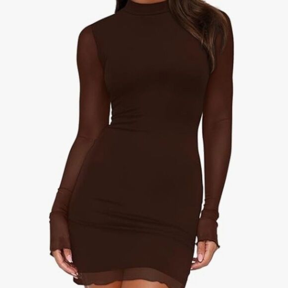 Ofeefan Dresses & Skirts - Y2K Mesh Long Sleeve Bodycon Mini Dress Caramel Brown Sheer Party Club Wear Dres